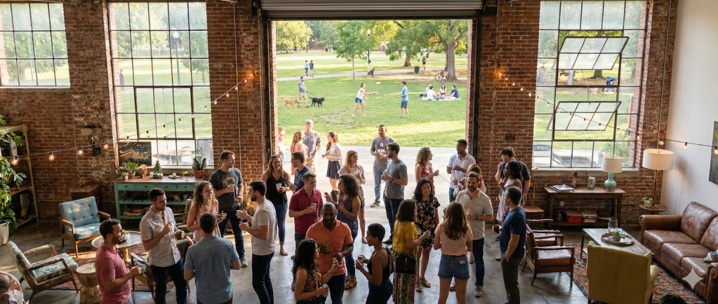 High-angle photograph of a lively gathering inside a restored factory building opening onto a sunny park, illustrating the integrated 9 Dimensions of a Real Life Spirit